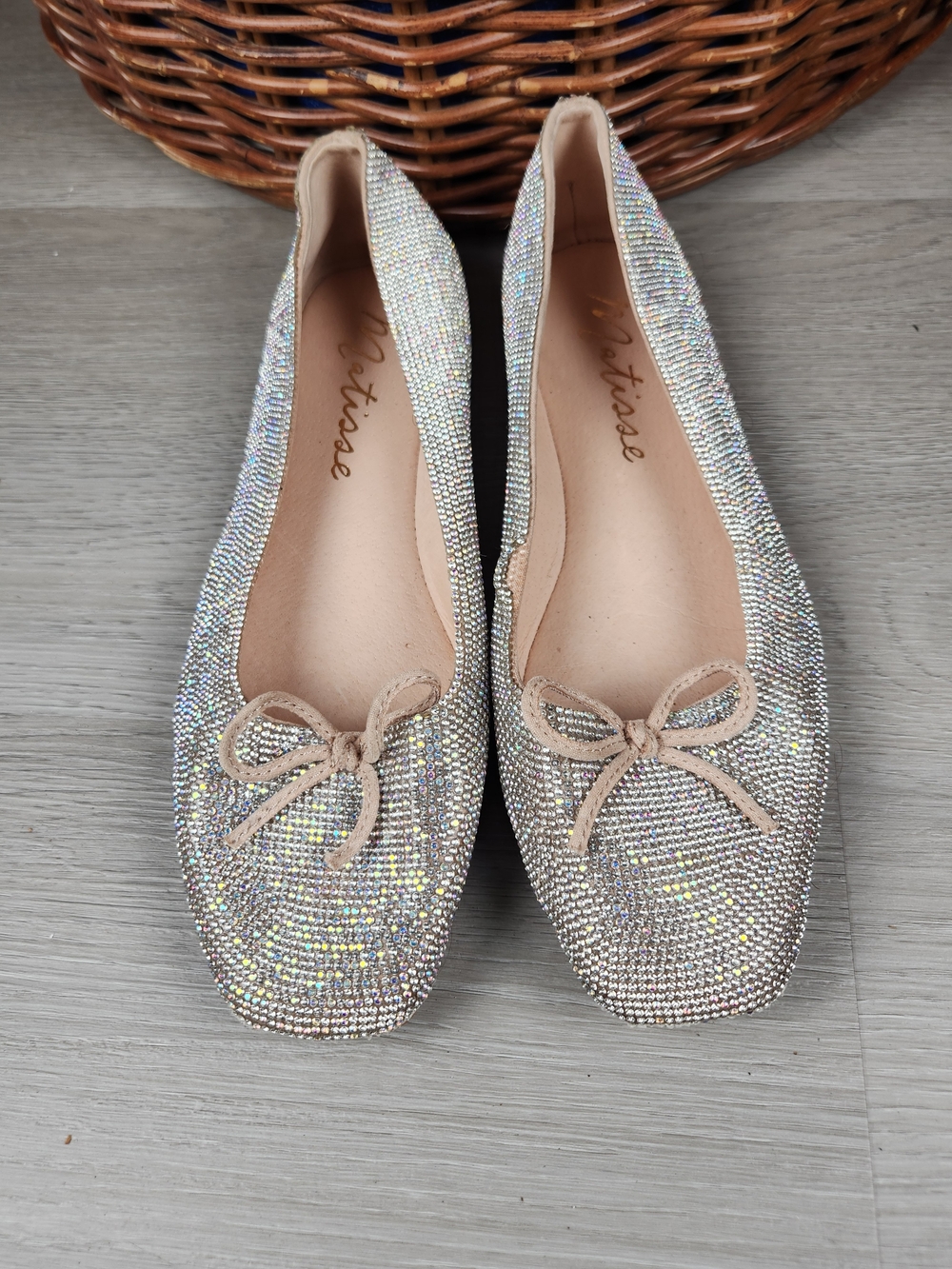 Roxy Iridescent Crystal Ballet Flats with Cream Bow